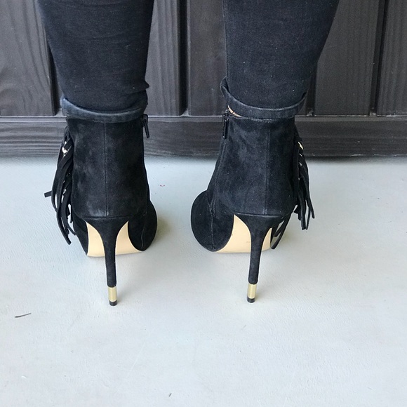 Black Peep Toe Fringe Tassel Ankle Boots - Picture 6 of 8